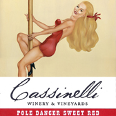 Label for Cassinelli Winery & Vineyards, with retro pole dancer illustration by Bonnie Gloris. 